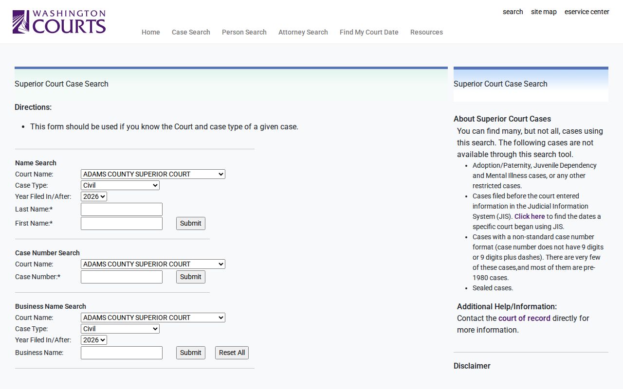 San Juan County case lookup Superior Court fields